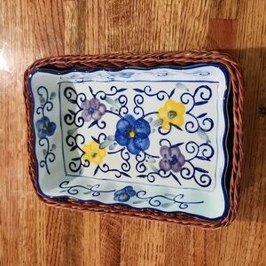 Vintage Emerald mosaic floral ceramic 7" Bakewear with basket